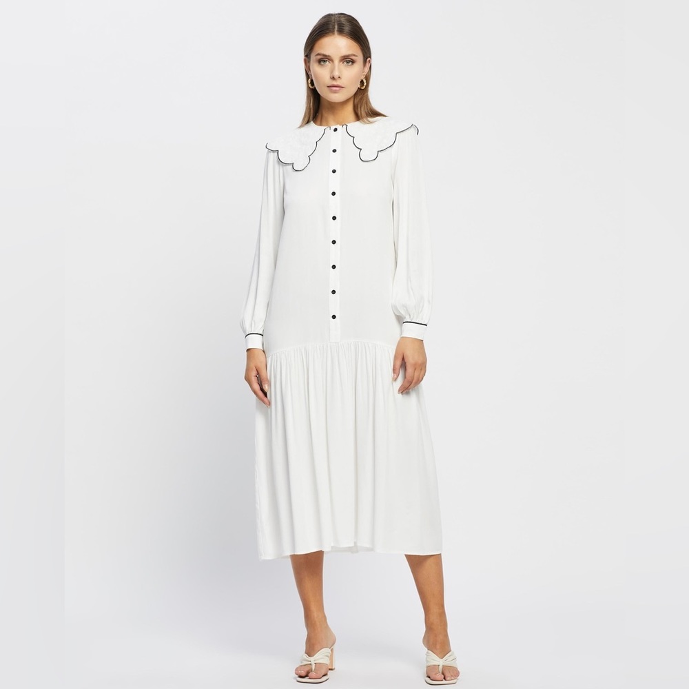 White dress with statement collar black button/trim detail NEVER FULLY DRESSED